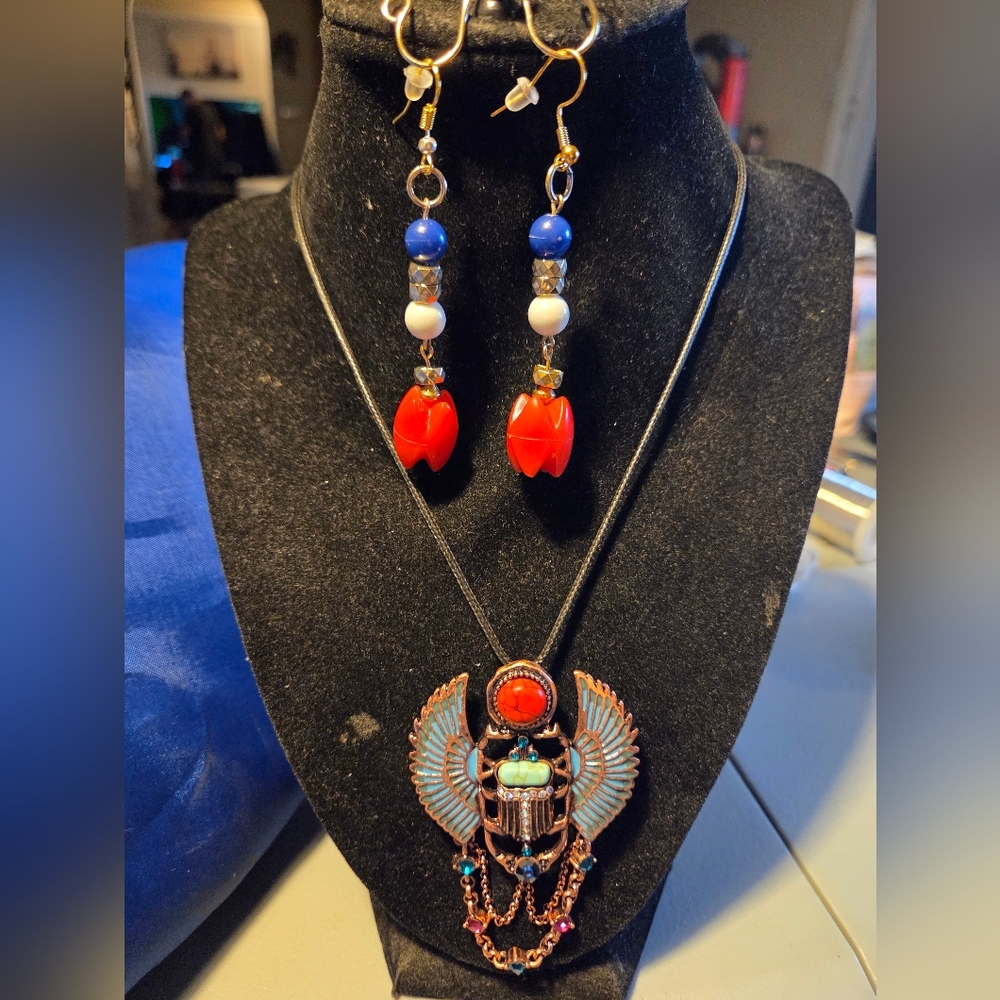 Winged Scarab Pendant Necklace with Red & Blue Bead Drop Earrings